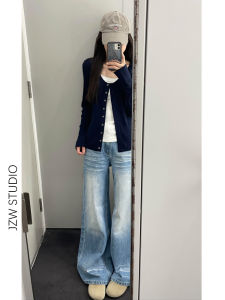 Retro Blue Pleated Loose Wide Leg Jeans Womens High Waist Straight Cut Draping Elegant Floor Length Trousers