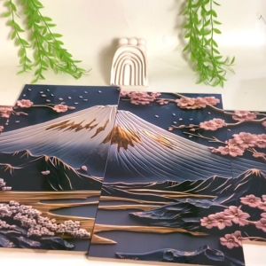 RUNABEE HIASAN DINDING SET BESAR JAPAN BUNGA SAKURA 3D MOUNT FUJI VIEW PAJANGAN DINDING KAYU
