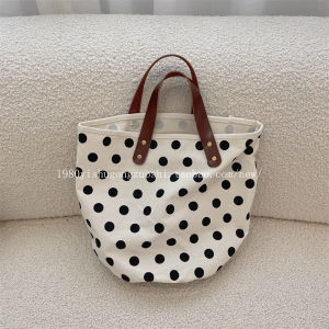 French Style Handheld Small Cloth Bag Lunch Bucket Bag Simple Retro Polka Dot Pattern Commuting Bag for Work Korean Japanese Style
