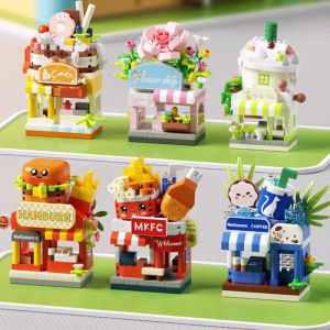 NEW DIY Hamburger Restaurant Coffee Store Flower Street View Food Building Blocks Kit Girls Bricks Movie Model Kids Toy Children