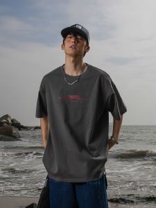 GOGOSOON Mens Short Sleeve T-Shirt 270g New Summer Deep Grey Cotton Pure American Style Semi-Sleeve Trendy round Neck Print