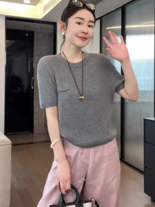 Áo thun BINKAFENNY nữ làm bằng vải dệt kim màu xám cổ tròn tay ngắn