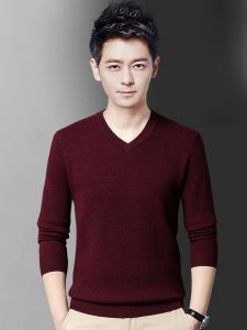 ROMON | Red Pure Wool V-neck Sweater For Men Winter Fashion City Style Dragon Year Dad Knitted Sweater Lucky Year Casual Long Sleeve