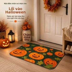 VIKAMA Màu Xanh Đậm Jack O Lantern Halloween Thảm Chùi Chân Bí Ngô In Hình Lá Chống Trơn Trượt Thảm Polyester Có Thể Giặt Được Trang Trí Lối Vào Trang Trại