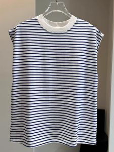 Korean Style Stripes round Neck Tops Fashionable T-shirt Casual Anti-Aging Fashion Sleeveless Vest Plaid Loose Easiest for Match Women