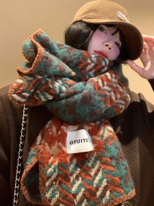 Fancy Dark Green Houndstooth Design Scarf Female Winter Korean Style Retro Thickened Heattech Bib Shawl Student