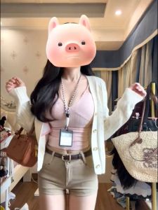 Spicy Girl Retro Twist Knitted Open Cardigan Jacket Autumn Pure Desire Lace Strap Vest Wrap around Shorts Three Piece Set Women