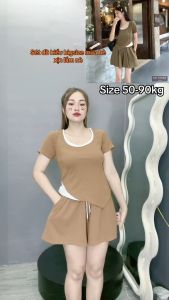 Set đồ nữ Bigsize Cô Nhỏ áo thun cổ tròn viền tà nhọn kèm quần đùi thun có dây cột 58-95kg - SET819