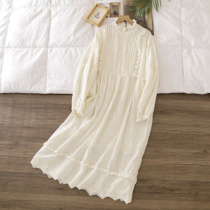 Spring New Womens Pure Color Embroidered Cotton Lin Long Sleeve Loose Pleated Shirt Dress Stand Collar Floral Lace Trim Dress