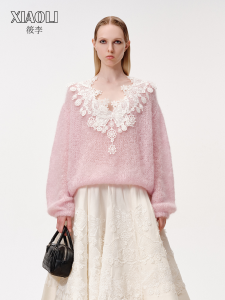 XIAOLI | Celebrity Favored Pink Mohair Lace Knit Sweater