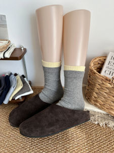 Gray Autumn Winter Womens Mid-Calf Socks No-Seam Double-Cuff Color Block Long Socks Cotton Breathable Comfortable Fashionable