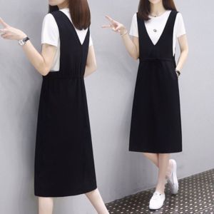 Summer New Womens Strap Dress Waist-Cinching Midi Skirt Trendy Loose Short Sleeve T-Shirt Anti-aging Two-piece Set