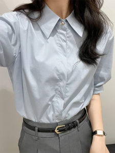 Blue Commuter Loose Short Sleeve Shirt Womens Summer Versatile Design Professional Interview Top Small Size Female