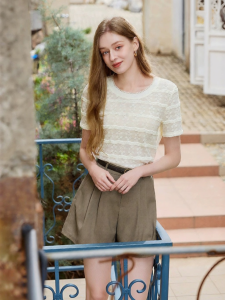 XIANGYING | White Lace Textured T-shirt Short Sleeve