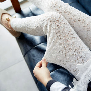 Retro Lace High Waist Hollow out Nine Point Pants Womens Thin Base Layer Pants Spring Summer Autumn Outerwear plus Size