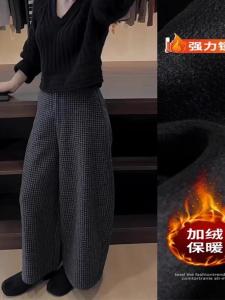 กางเกงขายาวทรงหลวมผ้าขนสัตว์หนาสำหรับฤดูใบไม้ร่วง กางเกงขายาวทรงหลวมเอวสูงสำหรับผู้หญิงไซส์ใหญ่