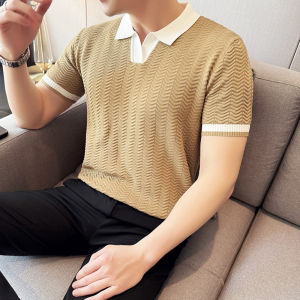 Áo Thun Polo Cổ Polo Tay Ngắn Dệt Kim Màu Tương Phản Cho Nam Mùa Hè Ôm Vừa Vặn Thời Trang Công Sở Bằng Lụa Băng Tay Lửng Paul