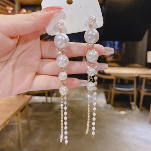 Full Crystal Simulated Pearl Tassel Drop Earring Long Dangle Earrings for Women 2022 Fashion Crystal Water Drop Jewelry Gifts