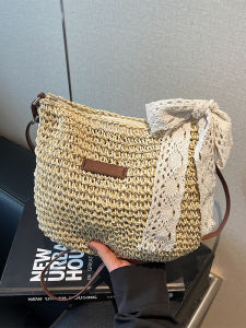 Handwoven Straw Bucket Bag Womens Fashionable Summer Vacation Shoulder Crossbody Bag Soft Casual Pure Color Handbag