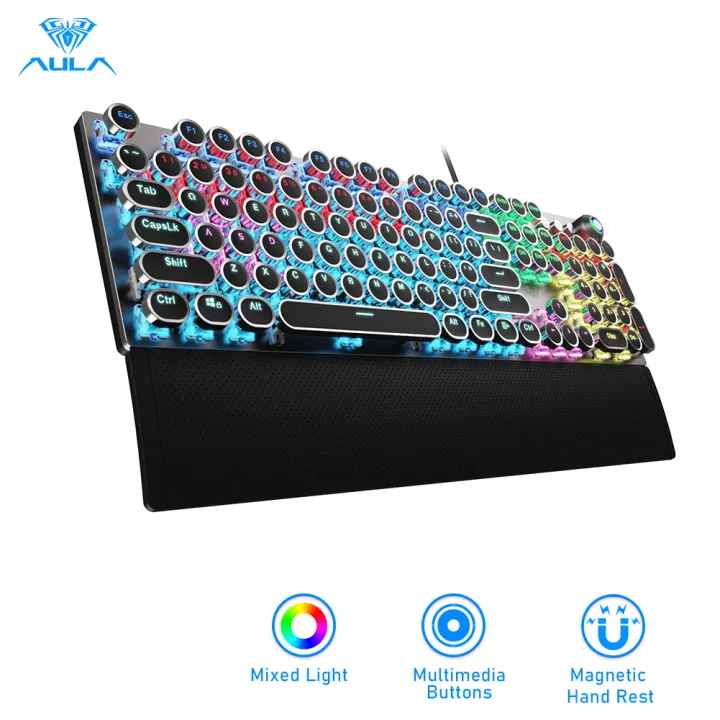 AULA F2058/F2088 PUNK Mechanical Gaming Keyboard with 22 Backlit 108 Keys Metal Pane Metal-plated Keycaps with Removable Wrist Rest Programmable for PC Laptop