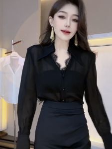 French Lace Edge V Neck Long Sleeves Thin Chiffon Shirt for Women 2024 Spring and Summer New Arrival Slightly Transparent Design Blouse Ins