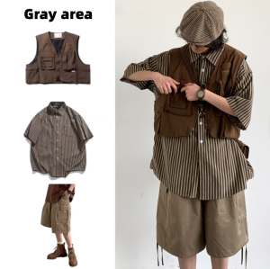 Summer Mens Loose Striped Short Sleeve Shirt Casual Fashionable Vintage Hong Kong Style Full Set of Male And Female Clothing