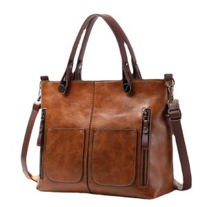 Túi Xách Da Retro Nữ Túi Tote Có Khóa Kéo Hai Ngăn Túi Đeo Chéo Cổ Điển Túi Đeo Vai Công Sở Chất Liệu PU