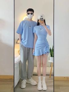 Couples T-shirt And Skirt Set Spring Summer Collection Same Color Design Slim Fit Cotton Blend Short Sleeve round Neck