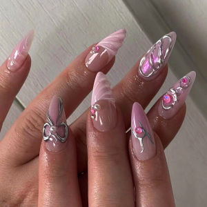 Bộ 24 Móng Giả Màu Hồng Ngọt Ngào Kiểu Pháp Hình Hạnh Nhân Với Thiết Kế Mắt Mèo Ngọc Trai Hình Oval Có Thể Tháo Rời Nơ Bạc Dán Liền Dành Cho Ngón Tay