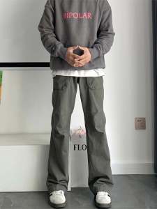 American Vibe Mens Slim Fit Casual Pants: Green Grey Workwear Trousers with Multiple Pockets