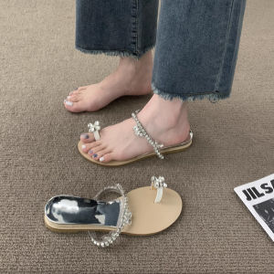 Flower Crystal Cover Toe Flat Heel Sandals Summer Outdoor Beach Vacation Slippers Korean Style Rubber Bottom Comfortable