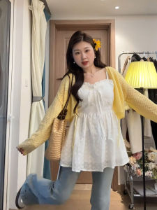 Áo Len Cardigan Dệt Kim Dài Tay Kiểu Pháp Ngọt Ngào Cỡ Lớn Áo Khoác Ngoài Hai Mảnh Cho Nữ Đầu Xuân Thời Trang Thường Ngày
