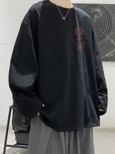 เสื้อยืดคอกลมแขนยาวผ้าฝ้ายแท้สำหรับผู้ชาย สไตล์ฮ่องกง ฤดูใบไม้ร่วง/ฤดูหนาว เสื้อชั้นในสีดำ เสื้อผ้าทำงานสไตล์วัยรุ่น สวมใส่สบาย