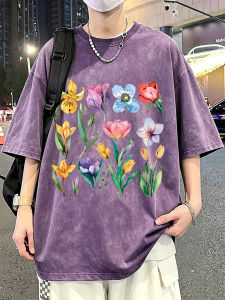 Fresh Watercolor Flowers Prints Washed T-Shirts Mens Oversize Cotton T Shirt Summer O-Neck Short Sleeve Tops Basic Male Clothes