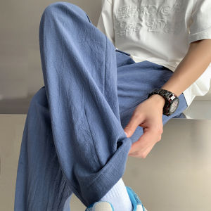 Cotton Linen Straight Leg Pants Men Summer Thin Casual Loose Fashion Sporty Drapey Wide Leg Long Trousers Youth Popular