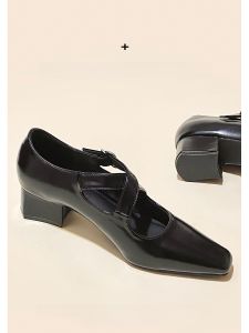 รองเท้า Mary Jane หนังแท้สำหรับผู้หญิง ทรงหัวเหลี่ยม ทรงหัวมน รองเท้าส้นสูงแบบหัวเข็มขัด รองเท้าส้นหนา รองเท้าแฟชั่นฤดูใบไม้ร่วง/ฤดูหนาว