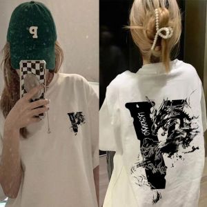 Pure Cotton Short Sleeve T-shirt Retro American Style White Color Printed Mid Length Long Length Regular Sleeve Crewneck