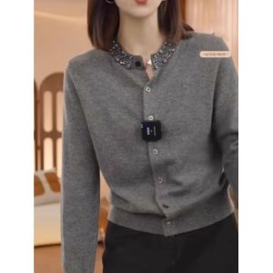 R Palete Wool Cashmere Sweater Casual round Neck Knitted Cardigan with Rhinestones Korean Style Retro Winter Outerwear Coat for Women