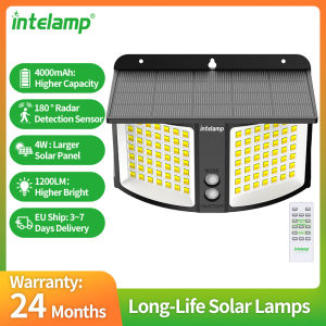 intelamp Outdoor Solar Light Security Flood Light Two Motion Sensors 3 Color Modes Wall Light for Porch Garden Yard Garage Fence