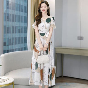 Soft Dresses for Women 2023 Summer New V-Neck Printed Dress Women Short Sleeve Waist Retraction Dress Gentle Temperament Long Dress