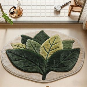 VIKAMA Tropical Leaf Irregular Floor Mat Non‑Slip Green Plant Doormat Decor Rug for Bathroom Entryway Bedroom Indoor Home