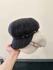 Casual Korean Style Wide Brim Octagonal Hat Womens Stripe Pattern Street Fashion Face Slimming British Style Cap for round Faces