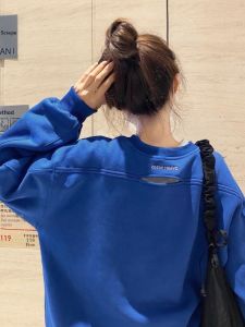 QIANSHUIYIYUN | Clay Blue Spring Autumn Loose Long Fit Womens Hoodie