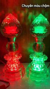 TẶNG DÂY ĐÈN LED 5m- Bộ 2 Đèn Bàn Thờ pha lê đào Cao Cấp Nguyên Khối Phát Sáng Toàn Thân Cao 26cm