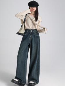 Comfortable Loose High Waist Denim Jeans Womens Wide Leg Long Pants Skirt Style Casual Cotton Polyester Regenerated Fiber