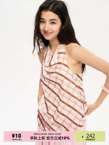 เสื้อแขนกุดคอวีสไตล์เกาหลี Heris สำหรับฤดูร้อน ผูกโบว์ด้วยเชือกผูกคอ ผ้าฝ้ายลายสก็อต แฟชั่นสำหรับผู้หญิง