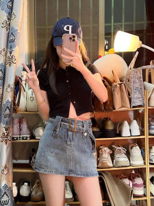 กระโปรงยีนส์สั้นเอวสูงสีน้ำเงินสไตล์ย้อนยุคสำหรับผู้หญิงไซส์ใหญ่ กระโปรงทรงเอเข้ารูป ดีไซน์เก๋ไก๋ สไตล์เกาหลี