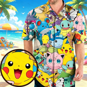 Bandai | 2026 Pokemon Short Sleeve Hawaiian Shirts Mens Shirt Women Shirts Kids Tops Summer Casual Button Pikachu Beach Shirts Tops