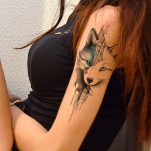 รอยสักแขนปลอมรูปสุนัขจิ้งจอกไม่สะท้อนแสงสติกเกอร์รอยสักชั่วคราวกันน้ำยาวนานยาวสำหรับเด็กผู้ชายและเด็กผู้หญิง