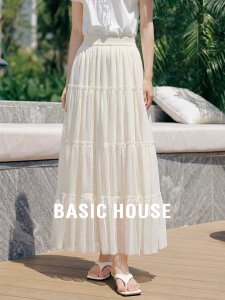 Basic House | White Polka Dot Mesh Midi Skirt